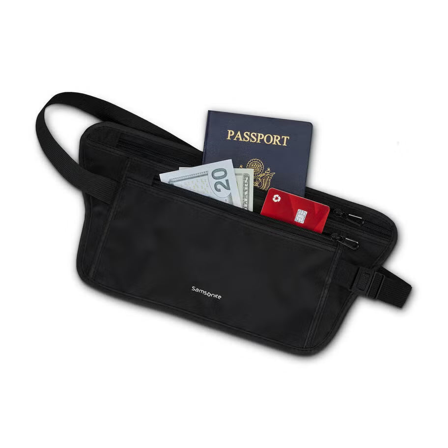 A black Samsonite RFID Security Waist Pouch with passport, money, and card on a white background.