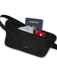 A black Samsonite RFID Security Waist Pouch with passport, money, and card on a white background.